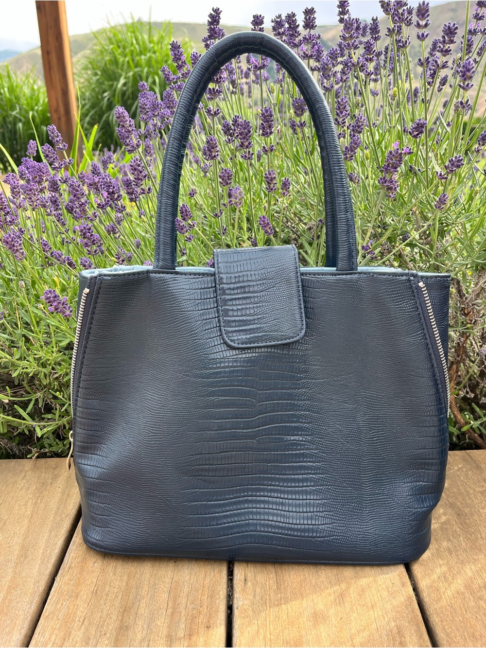 Geir Ness Purse Croc Embossed Laila Norway Navy Reversible Interior for 2 Looks